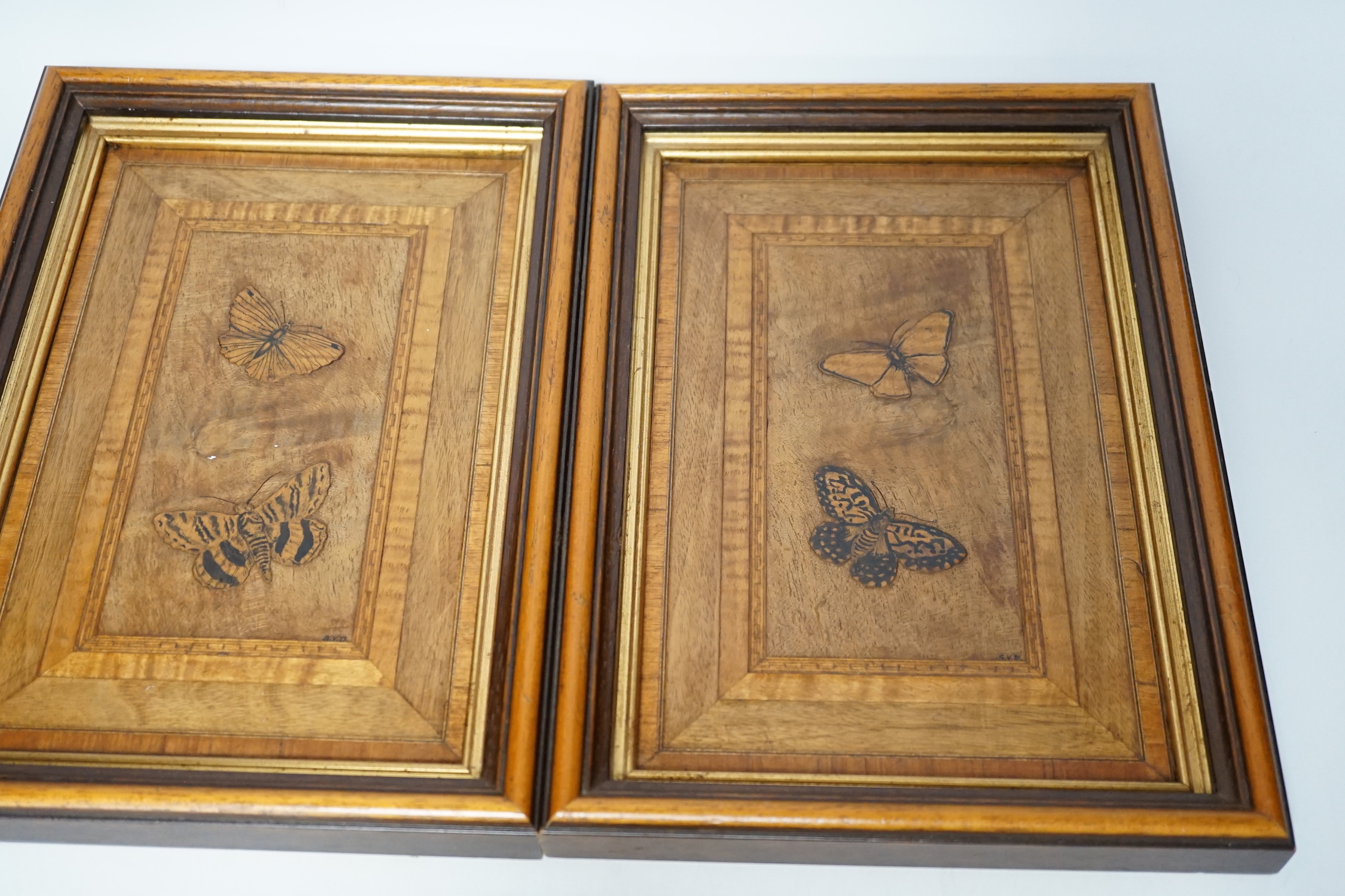 A pair of framed marquetry butterfly panels, initialled SVD., 22.5cm wide, 32cm high